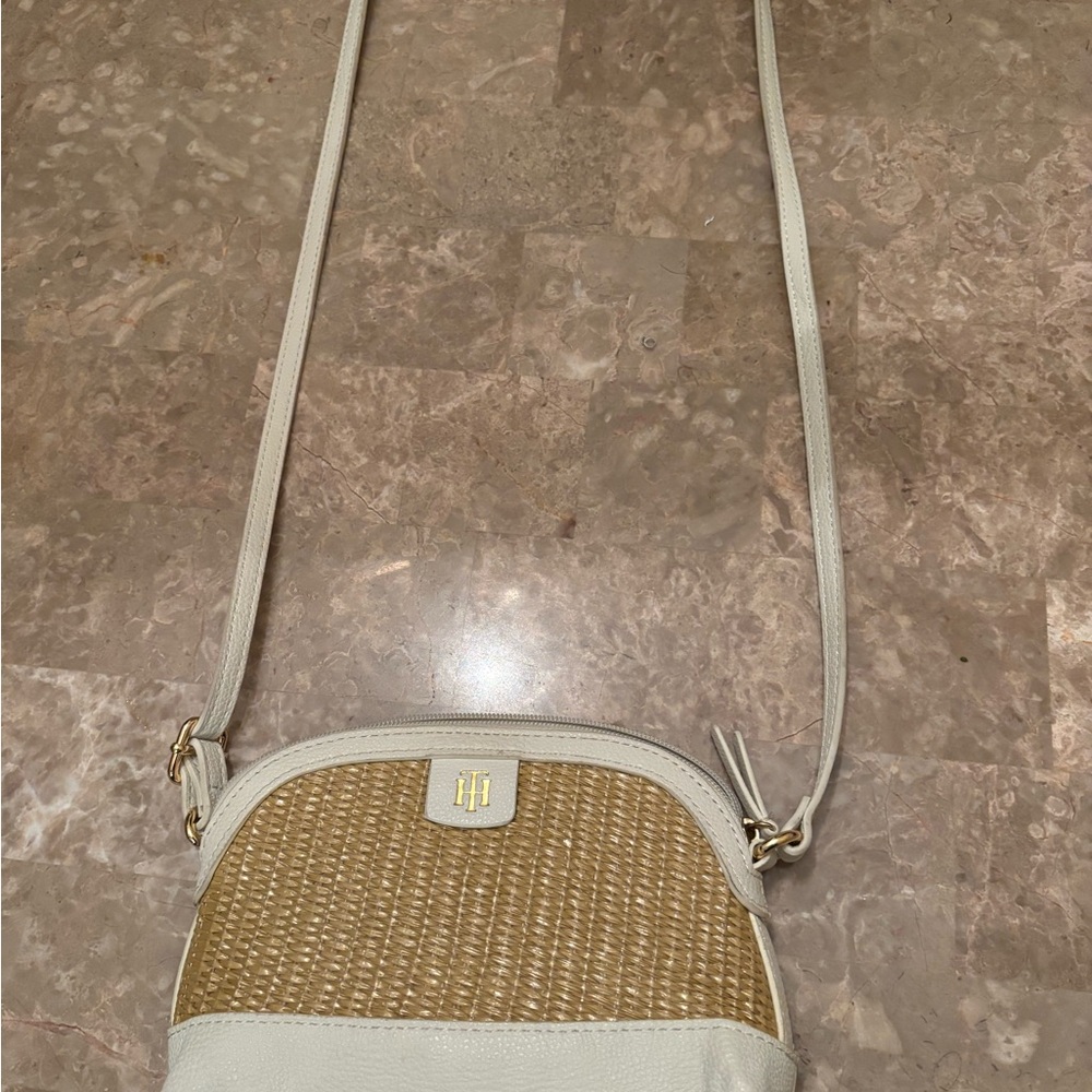 Tommy Hilfiger White and Tan Crossbody Bag with Dome Shape